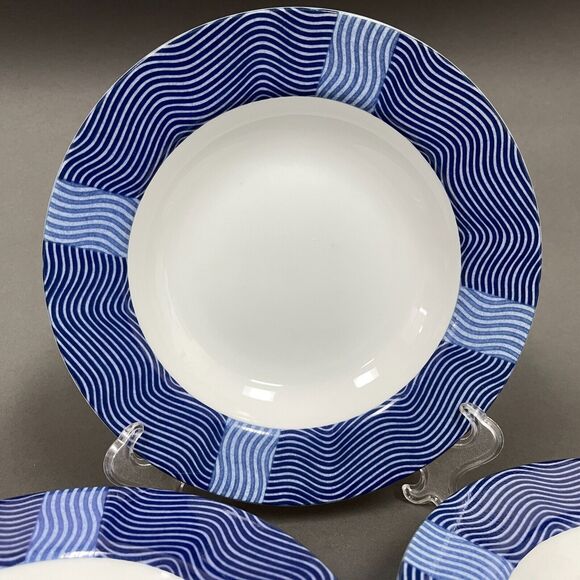 Crate & Barrel Rafia Blue White Waves Wavy Bowls Lead & Cadmium Free Lot of 3 - Picture 2 of 14